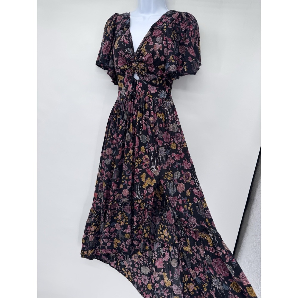 ANGIE Boho Floral Smocked Dress Festival front slit babydoll bloomcore cottage M - Picture 11 of 14